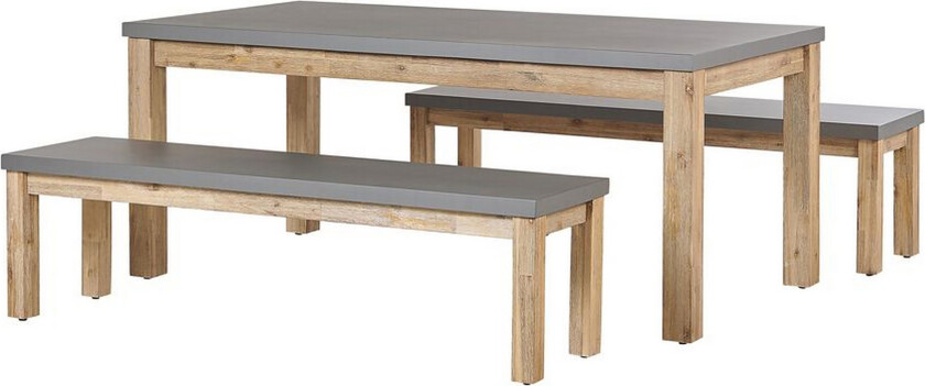 Utendørs spisegruppe grå fibersement lys akasietre 6-seters bord 2 benker moderne industriell design