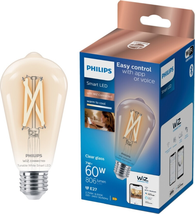 Smart - LED-filamentlyspære - form: ST64 - E27 - 7 W (ekvivalent 60 W) - klasse E - varm til kjølig hvitt lys - 2700-6500 K - gjennomsiktig