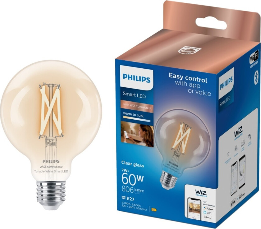 Smart - LED-filamentlyspære - form: G95 - klar finish - E27 - 7 W (ekvivalent 60 W) - klasse E - varm til kjølig hvitt lys - 2700-6500 K