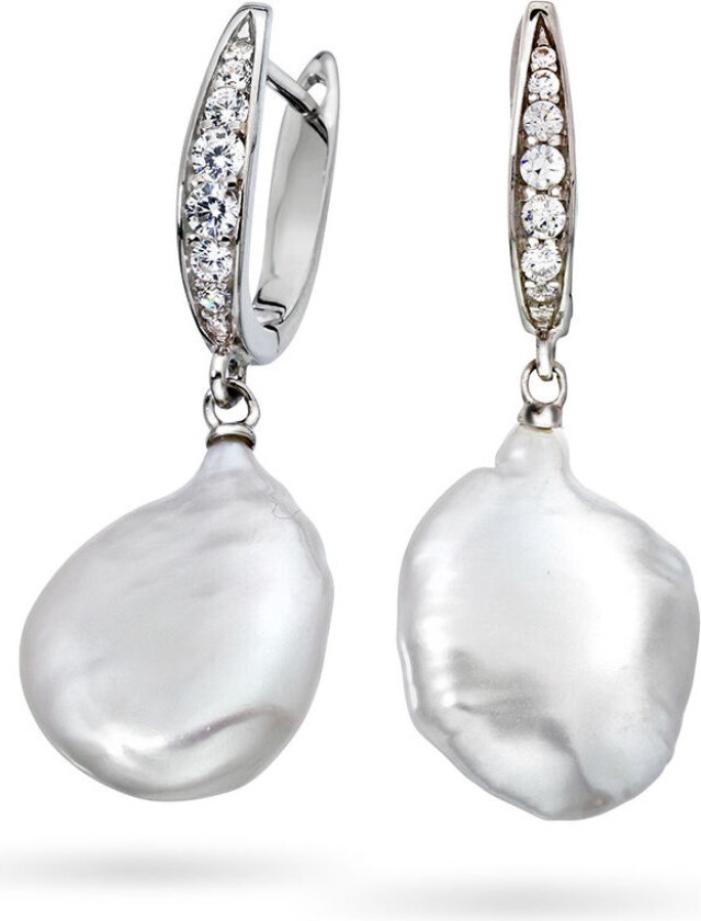 , Øredobber i sølv med barokk ferskvannsperle og zirkonia