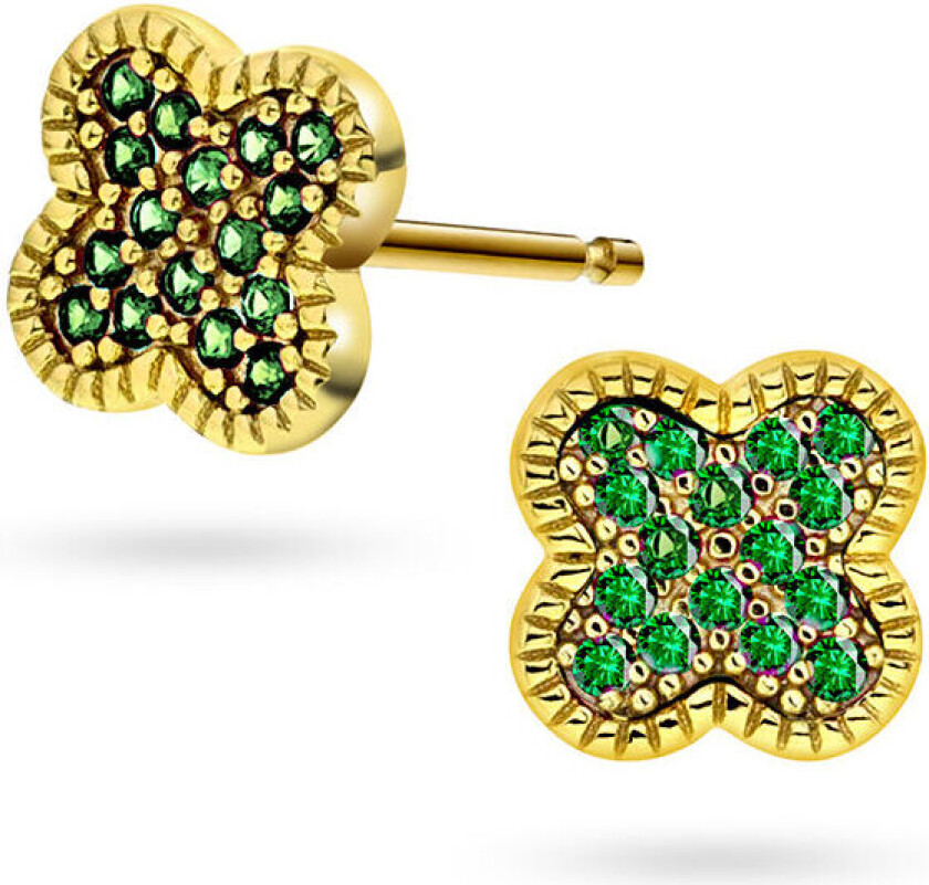 , Kløver øredobber i 925 forgylt sølv med grønn zirkonia
