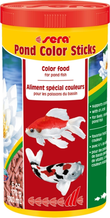 sera Pond Color Sticks, Damfisk, Tørr fiskemat, Pellet, Vitamin A, Vitamin B1, Vitamin B2, Vitamin C, Vitamin D3, Vitamin E, Stor, Medium, Liten (fin