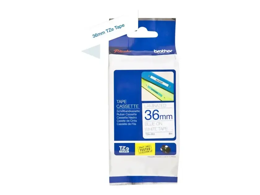 TZe-263 - Blått på hvitt - Rull (3,6 cm x 8 m) 1 kassett(er) laminert teip - for Brother PT-H110  P-Touch PT-3600, 550, 9500, 9600, 9700, 9800, D800, H110, P900, P950