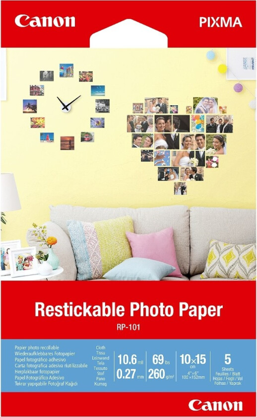 Bilde av Restickable Photo Paper RP-101 - Matt - fjernbart adhesiv - 10,6 mille - 100 x 150 mm - 260 g/m² - 69 pund - 5 ark fotoklistremerker - for PIXMA TS7450i