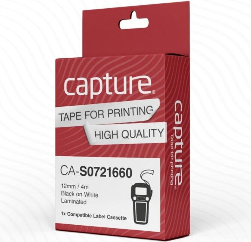 Capture - Plast - laminated - svart på hvitt - Rull (1,2 cm x 4 m) 1 kassett(er) hengeboks - merketape (alternativ for: DYMO S0883990, DYMO S0721660)