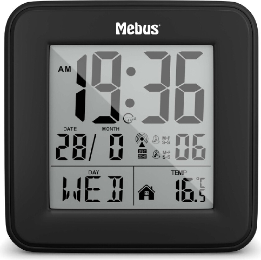 Mebus 25595, Digital vekkerklokke, firkant, Sort, 12/24h, F, °C, Alle kjønn