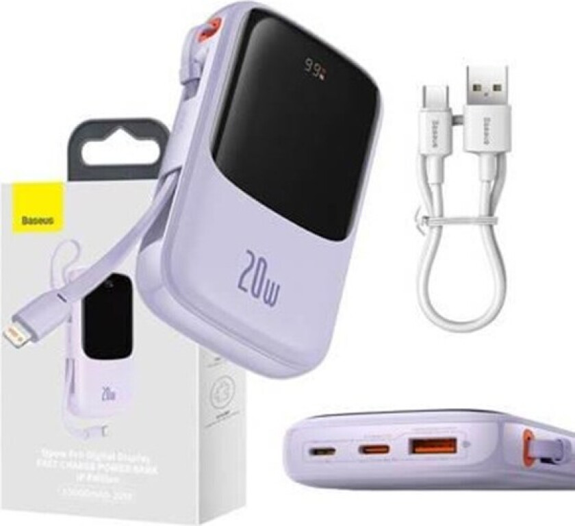 Powerbank Qpow Pro with Lightning cable USB-C USB 10000mAh 20W (purple) Nødlader - Lilla - 10000 mAh
