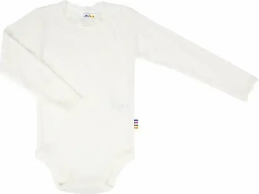 Body i råhvid ull og silke med blonder | Joha | Baby | Natur / off-white | størrelse 70 | 85% Ull og 15% Silke til