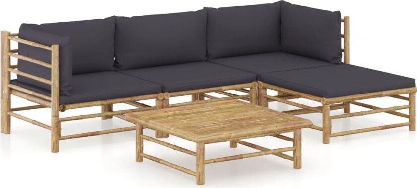 Hagesofagruppe med mørkegrå puter 5 deler bambus