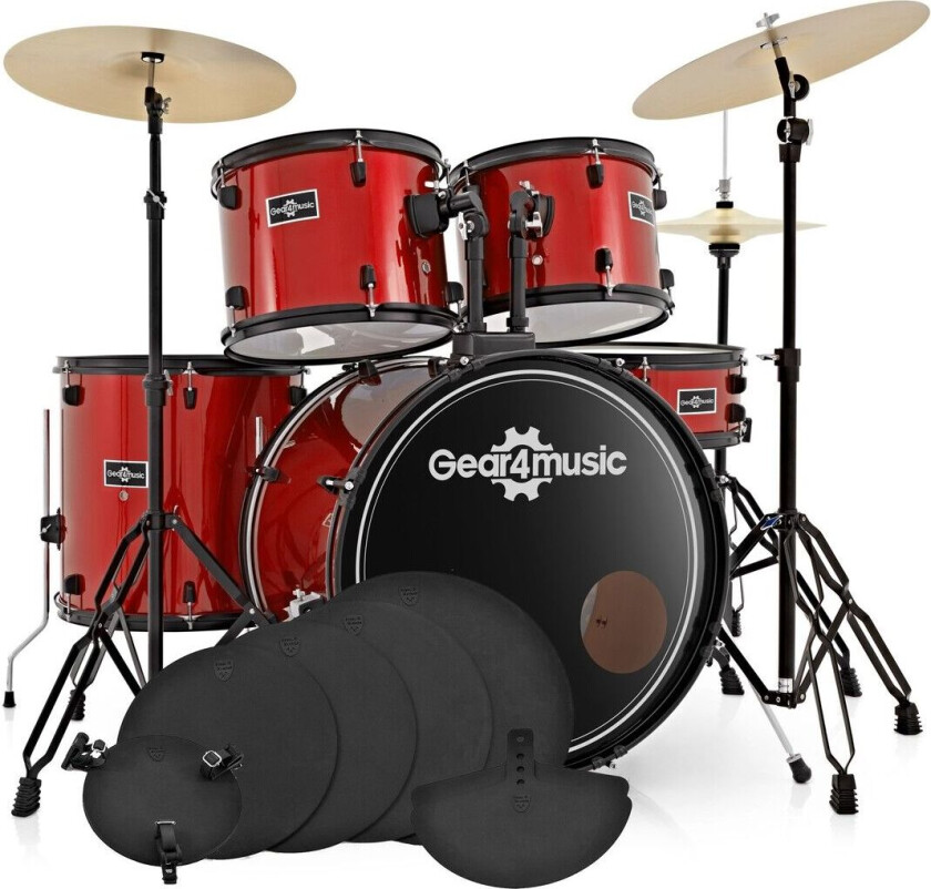 Gear4Music BDK-1plus Full Size Trommesett for Nybegynnere + Øvingspakke Rødt