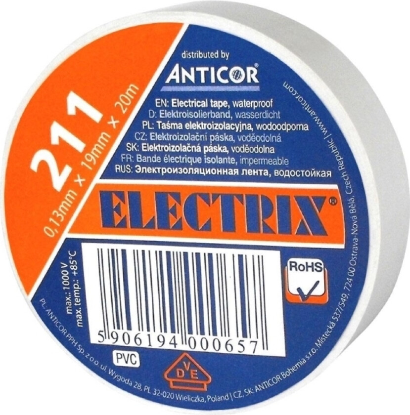 Electrical insulating PVC tape, white 19mm 20m