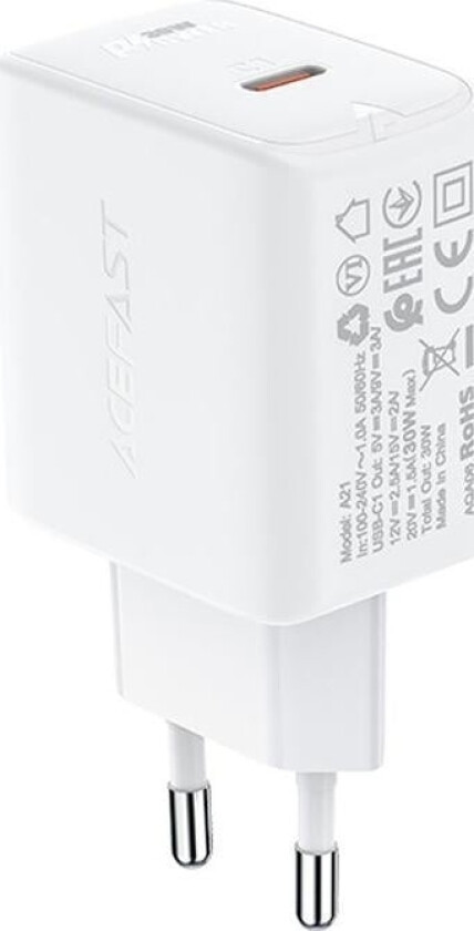 GaN USB Type C vegglader 30W, PD, QC 3.0, AFC, FCP hvit (A21 hvit)