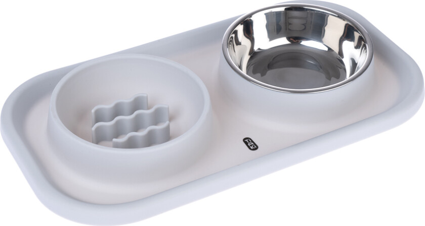 dobbeltskål i rustfritt stål og Slow Feeding Silicone skål med matte - 2 x 300 ml