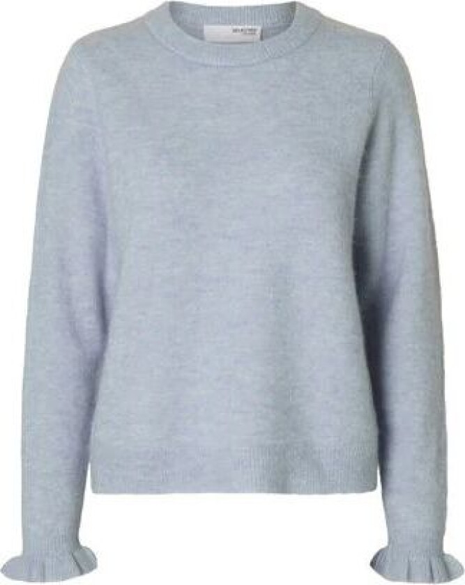 Lulu Ls Knit Frill Cuff O-Neck Noos - Cashmere Blue Melange L