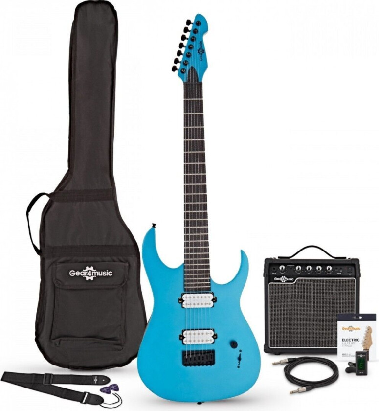 Bilde av Gear4Music Harlem S 7-Strengs Elektrisk Gitar + 15 W Forsterkerpakke Blue Sparkle