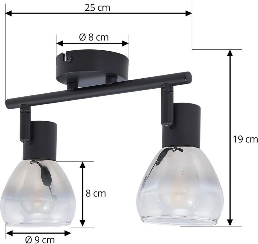 Pendura taklampe, 2 lyskilder, svart, glass