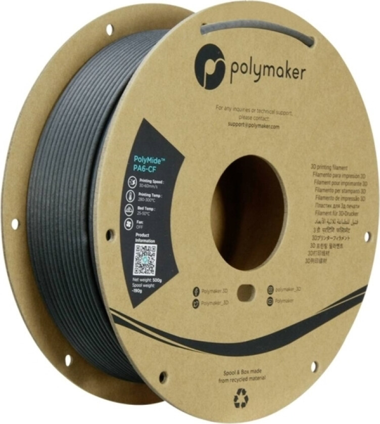 Polymaker Pg03002 Filament Pa6-Cf Kemisk Bestandig, Varmebestandig, Kulfiberforstærket 2.85 Mm 500 G Sort Polymide™ 1 Stk
