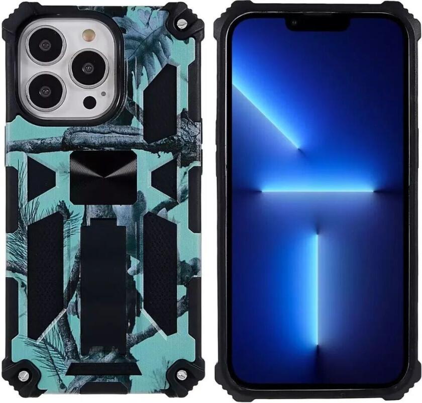 iPhone 13 Pro Kamuflasje Shock-Proof Deksel med Stativ - Mint Grønn