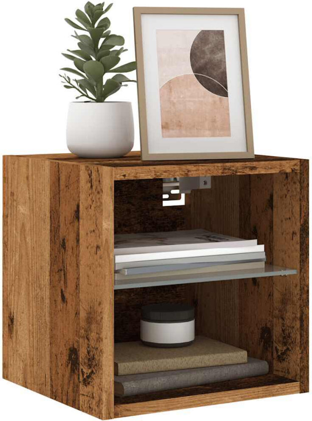 Vegghengt TV-benk med LED gammelt tre 30x28,5x30 cm