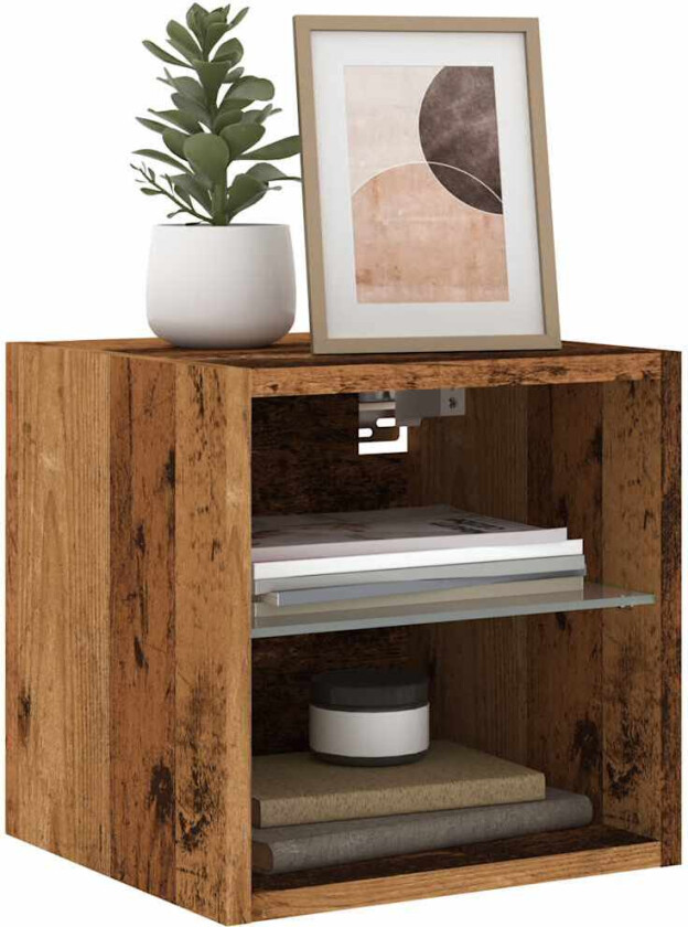 Vegghengt TV-benk med LED 2 stk gammelt tre 30x28,5x30 cm