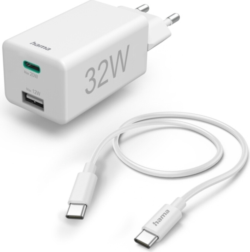 Hurtiglader Med Ladekabel, 1X Usb-C, 1X Usb-A, Pd, 32 W, 1 M, Hvit (00201692)