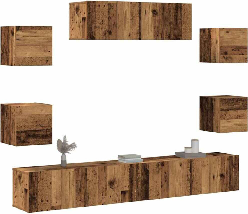 TV-skapsett 7 deler veggmontert gammelt tre konstruert tre