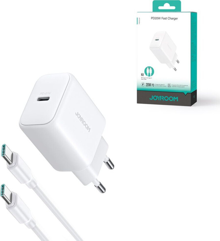 PD 20W USB-C hurtiglader med 60W USB-C til USB-C-kabel, 1m - Hvit