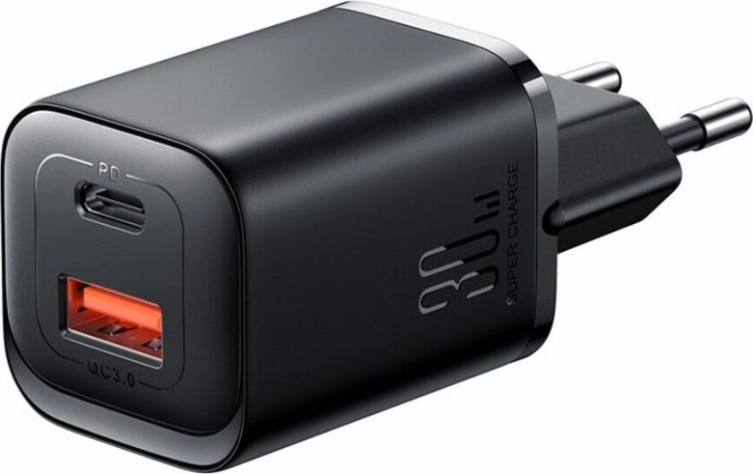 Hurtiglader USB & USB-C, PD & Q.C 3.0, 3A, 30W - Svart