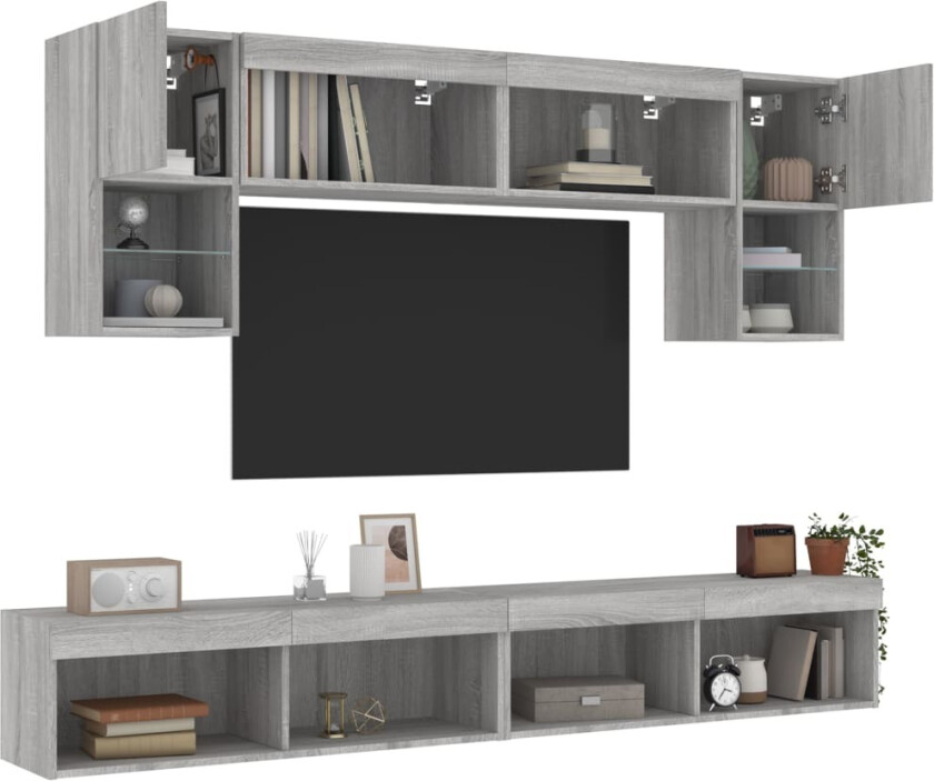 Vegghengte TV-enheter med LED 6 deler grå sonoma konstruert tre