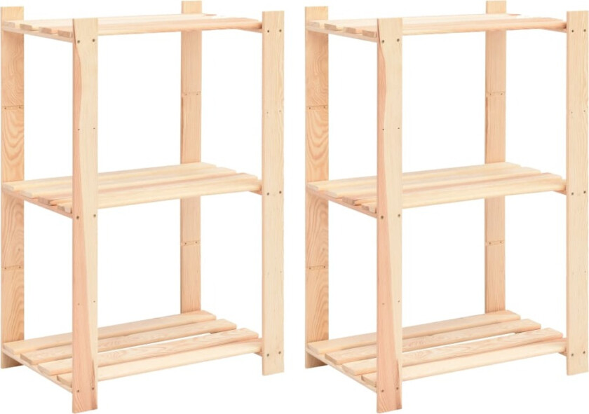 Lagringshyller 3 etasjer 2 stk 60x38x90cm heltre furu 150kg