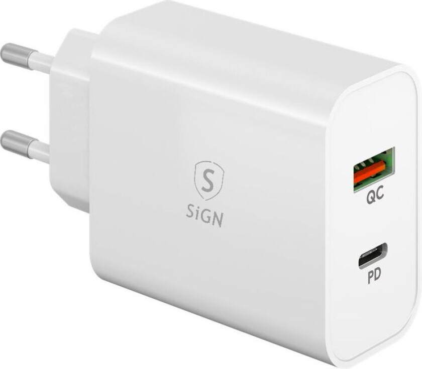 GaN Hurtiglader USB-A & USB-C, for smarttelefon og bærbar PC, 45W - Hvit