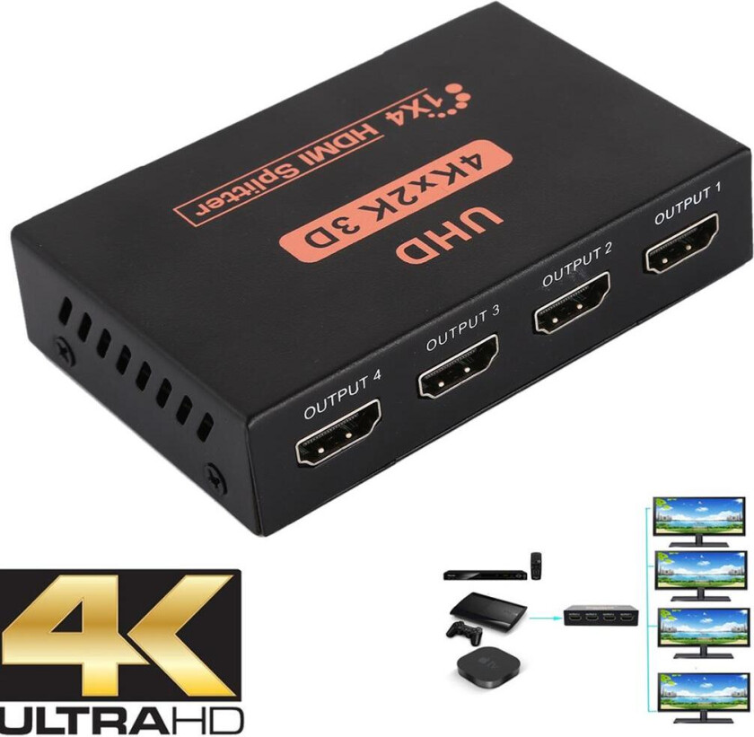 HDMI-splitter 4xHDMI-utganger 1080P 4K - Svart