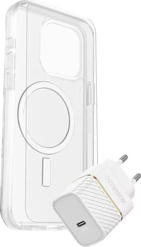 iPhone 15 Pro Max Protection + Power Kit - MagSafe Deksel, Skjermbeskyttelse & 30W Vegglader - Gjennomsiktig / Hvit