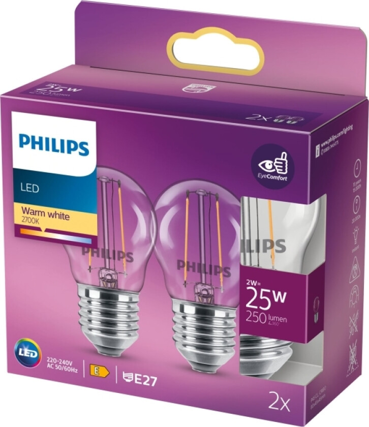 - Led-Filamentlyspære - Form: P45 - Klar Finish - E27 - 2 W (Ekvivalent 25 W) - Klasse E - Varmt Hvitt Lys - 2700 K (En Pakke 2)