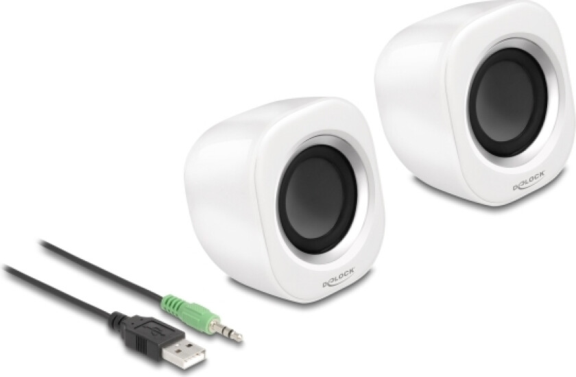 Delock Mini Stereo Pc-Høyttaler Med 3,5 Mm Jackplugg Og Usb-Strømforsyning, Hvit