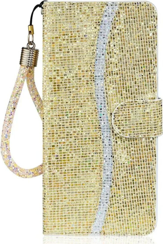 iPhone 15 Pro Kunstskinn Deksel med Lommebok og Stropp - Glitter Design - Gull