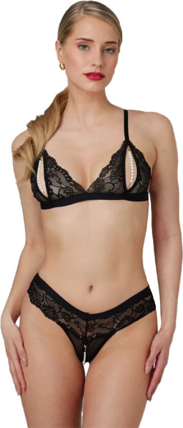 Open Bra Set with Pearls and Lace S/M - Sort - S/M