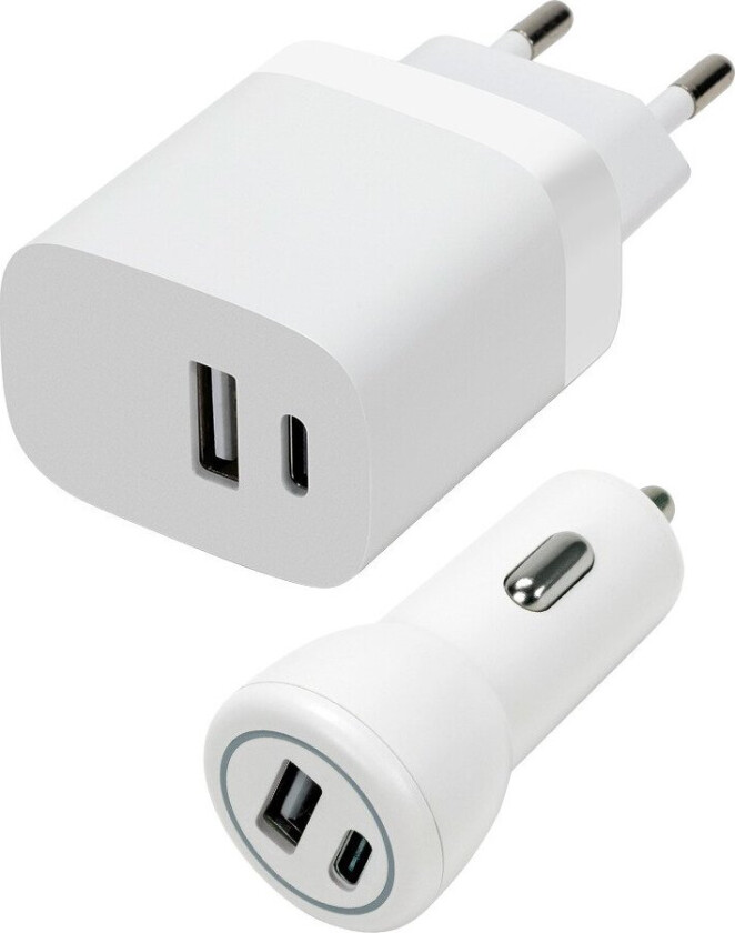 - Wall&Car Charger Set USB-A&USB-C 15W, white