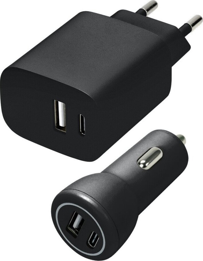 - Wall&Car Charger Set USB-A&USB-C 15W, black