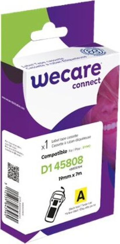 Wecare Connect - Yellow Background With Black Letters - Rull (1,9 Cm X 7 M) 1 Rull(Er) Tapepatron - For Dymo Labelmanager 360D, 420P  Dymo Labelwrite