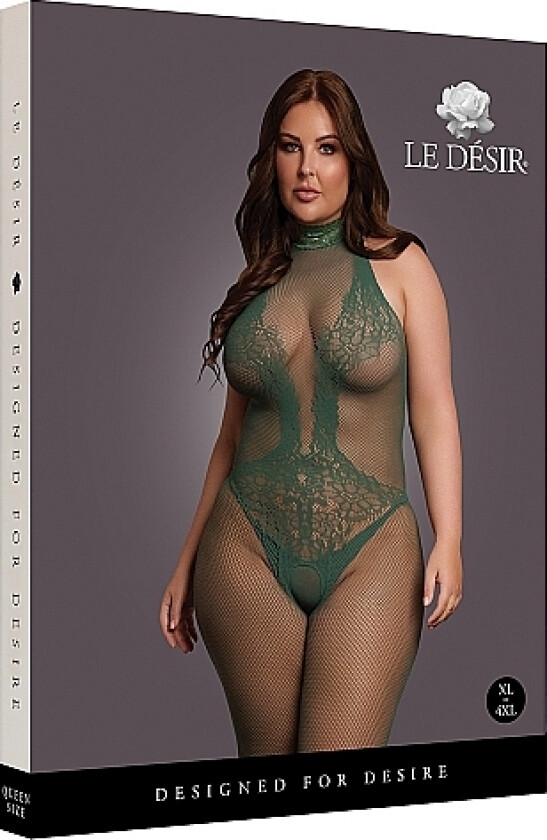 Forførende Smaragdgrønn Fishnet og Blonde Bodystocking- Plus Size
