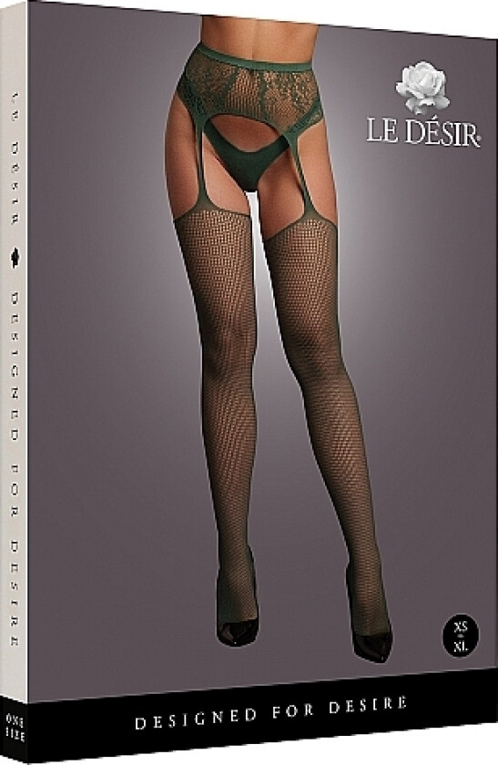 Fishnet and Lace Garterbelt Stockings - One Size - Grønn