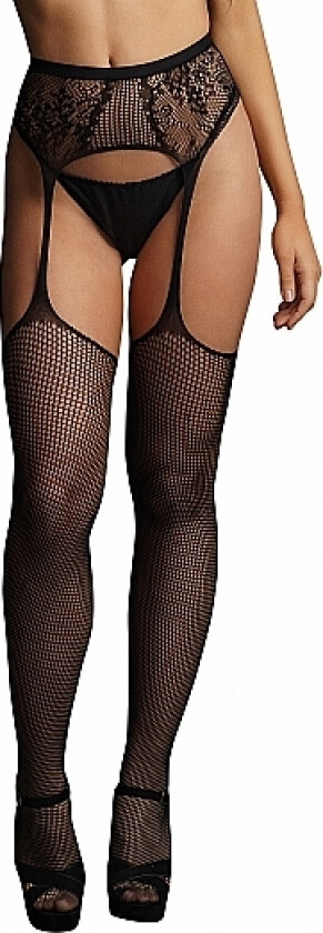 Fishnet and Lace Garterbelt Stockings - One Size - Sort