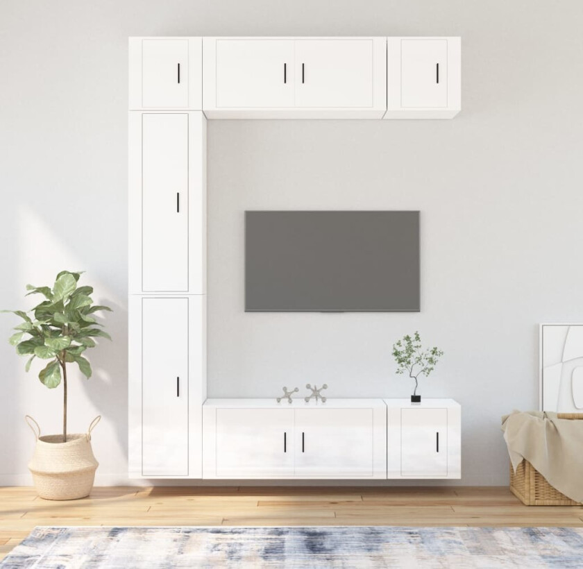 TV-benksett 7 deler høyglans hvit konstruert tre