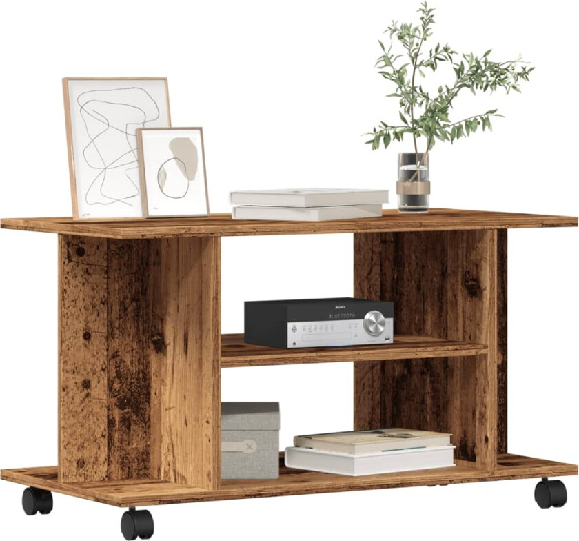 TV-benk med hjul gammelt tre 80x40x45 cm konstruert tre