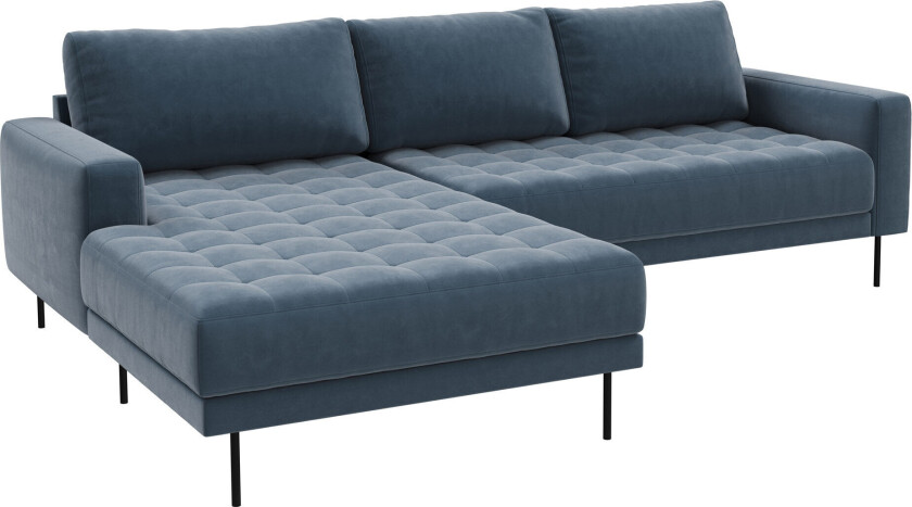 Rouge 2,5 -seters sofa med sjeselong og svarte ben. Støvblå Venstre sving