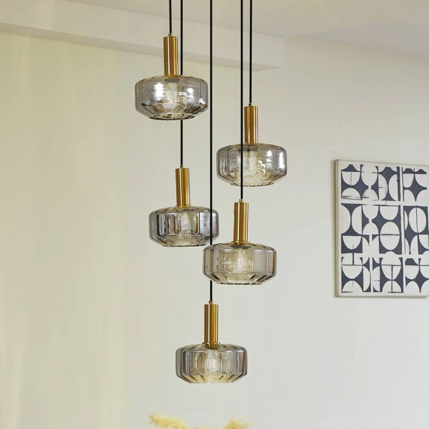 hengelampe Hildur, 5 lyskilder, røykgrå, glass