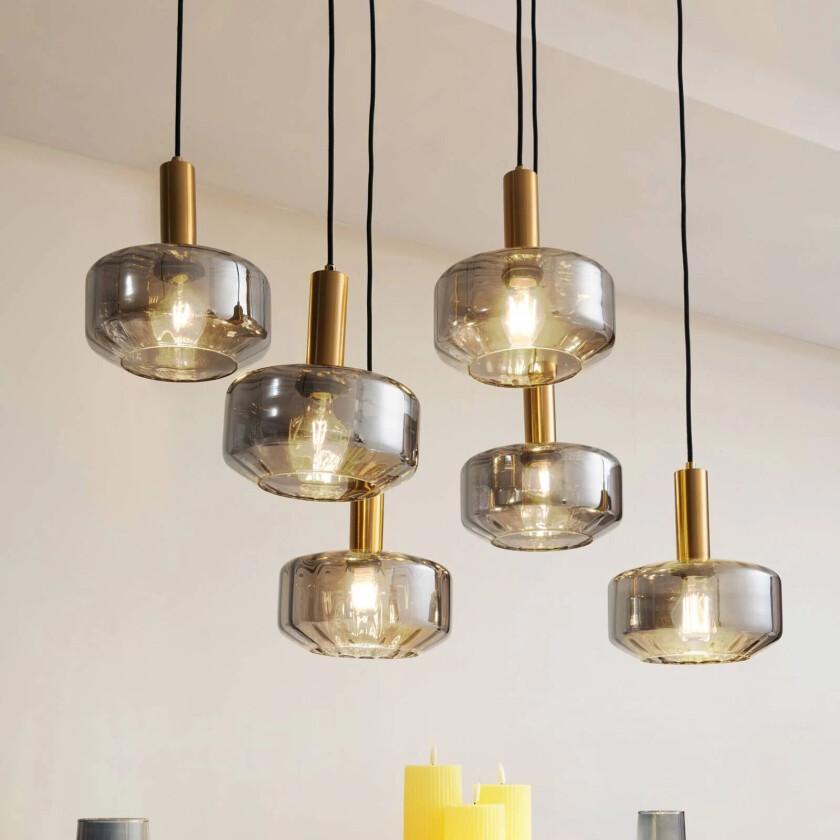 hengelampe Hildur, 6 lyskilder, røykgrå, glass