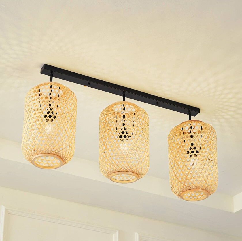 taklampe Jorick, 3 lyskilder, lengde 104,5 cm, bambus