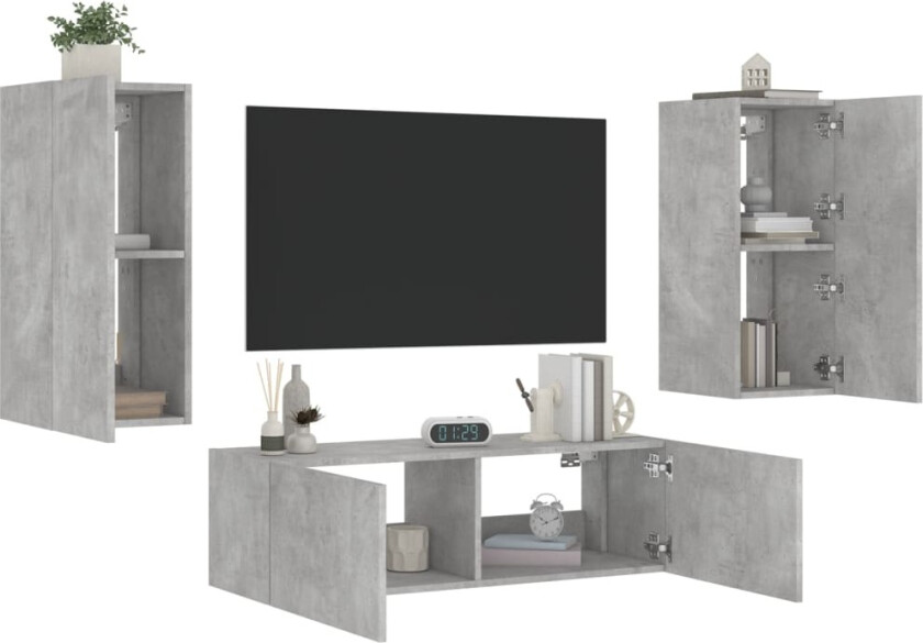 Vegghengte TV-benker med LED 3 stk betonggrå